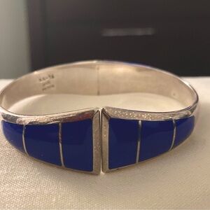 Taxco Mexican 950 Silver Hinged Bracelet Lapis Inlay 36 grams